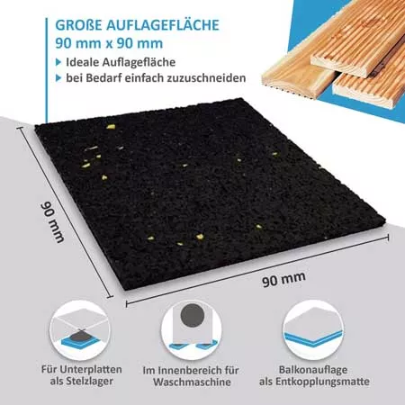 Preview: 90 mm × 90 mm – 3/6/8/10/20 mm Gummigranulat Terrassenpads Unterlage für WPC & Holzterrassen